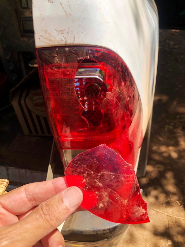 Toyota con el faro roto y abollado por un elefante