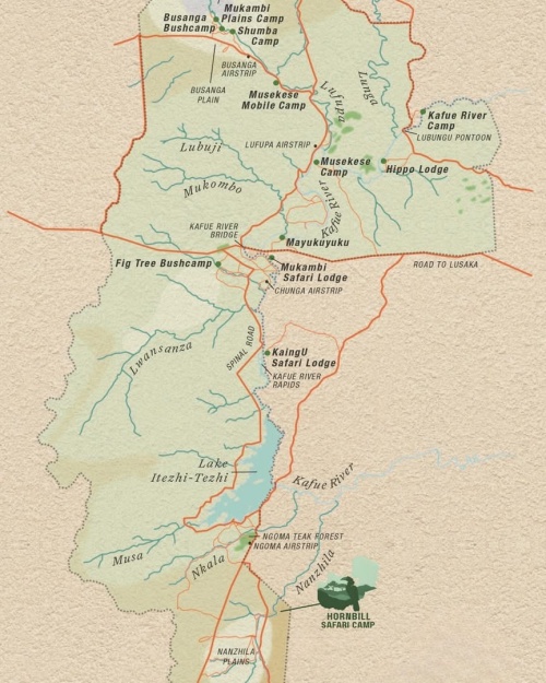 MAPA DE KAFUE NP Y HORNBILL SAFARI CAMP ZAMBIA